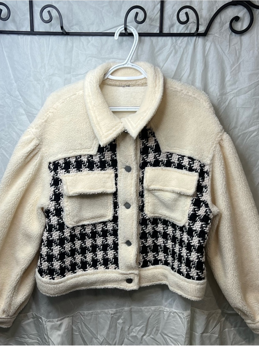Cream Black Textured Jacket Wide Sleeve Cropped Western Boho Shepra Style